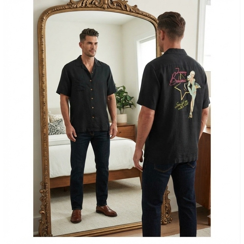 Tommy Bahama XL Silk Black Graphic Back Camp Shirt Straight Up with a Twist